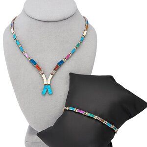 E. Luna Taxco Mexico .950 Silver Multicolor Lab Opal Inlay Necklace & Bracelet